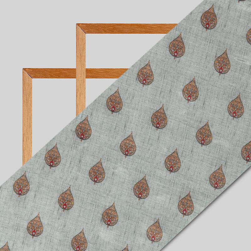 Light Grey Leaf Pattern Digital Print Viscose Muslin Fabric - Fabcurate