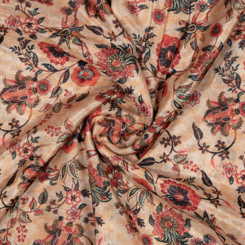 Peach Floral Pattern Digital Print Viscose Muslin Fabric - Fabcurate