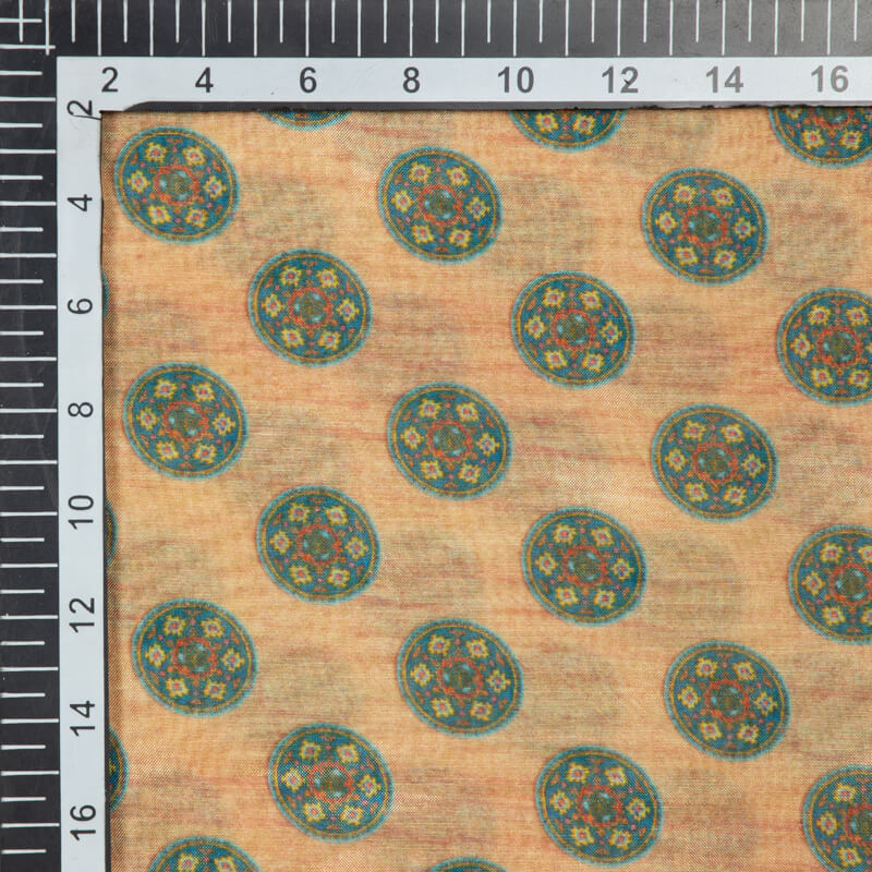 Peach And Turquoise Geometric Pattern Digital Print Viscose Muslin Fabric - Fabcurate
