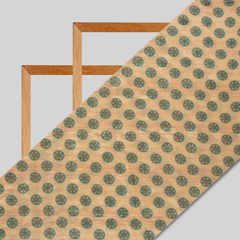 Peach And Turquoise Geometric Pattern Digital Print Viscose Muslin Fabric - Fabcurate