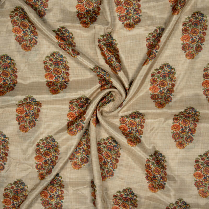 Beige Mughal Floral Pattern Digital Print Viscose Muslin Fabric - Fabcurate