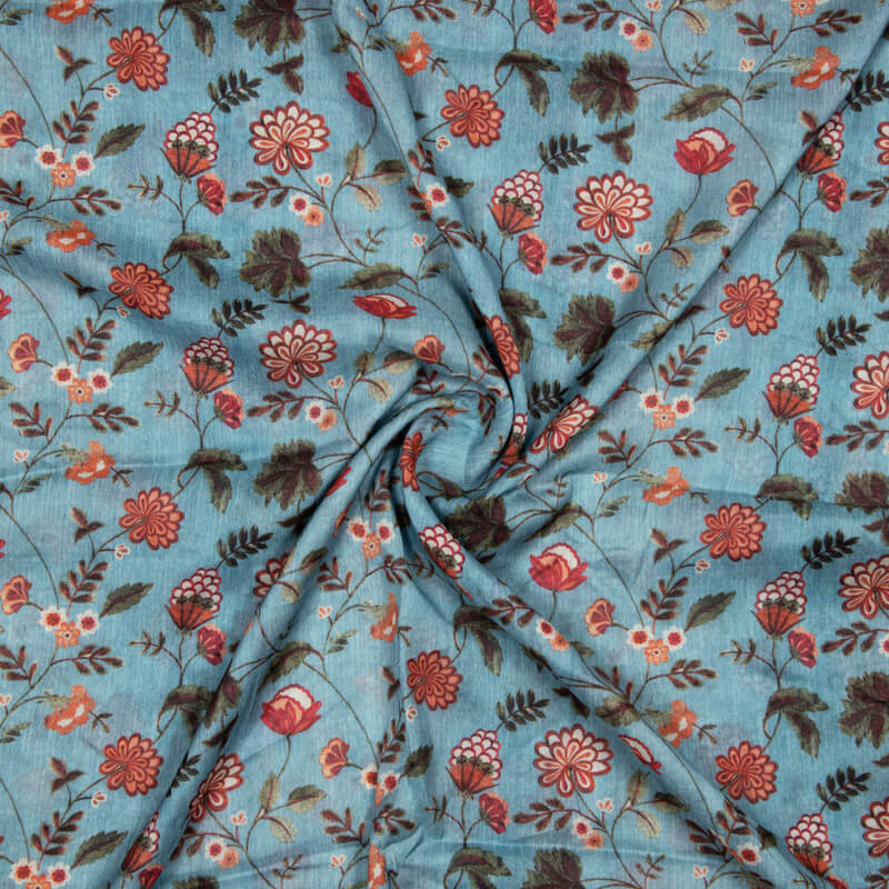 Pastel Blue Floral Pattern Digital Print Viscose Muslin Fabric - Fabcurate