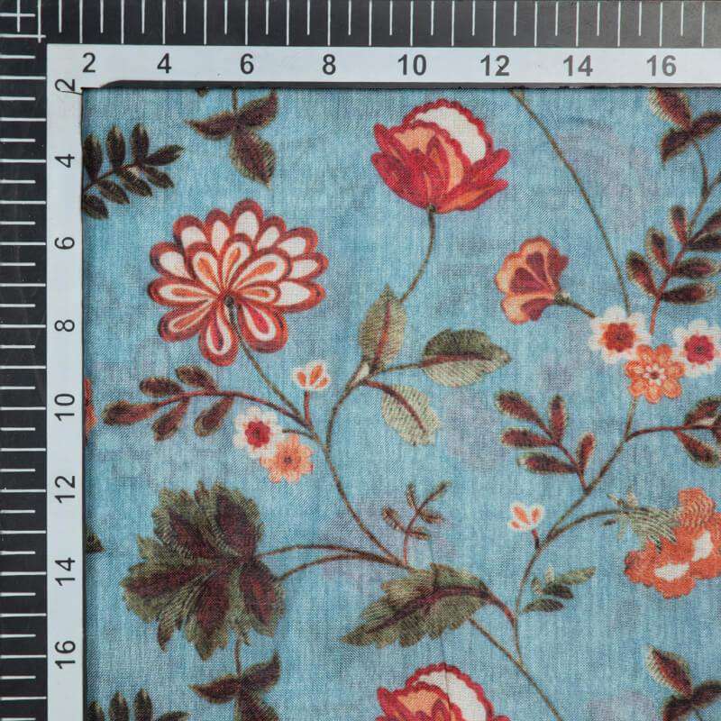 Pastel Blue Floral Pattern Digital Print Viscose Muslin Fabric - Fabcurate
