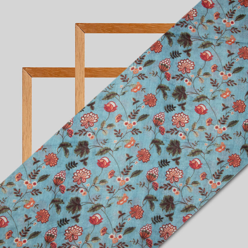 Pastel Blue Floral Pattern Digital Print Viscose Muslin Fabric - Fabcurate