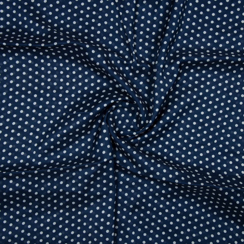 Navy Blue And White Polka Pattern Digital Print Viscose Muslin Fabric - Fabcurate