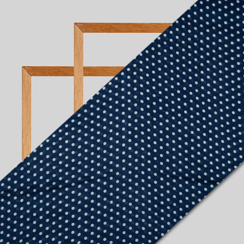 Navy Blue And White Polka Pattern Digital Print Viscose Muslin Fabric - Fabcurate