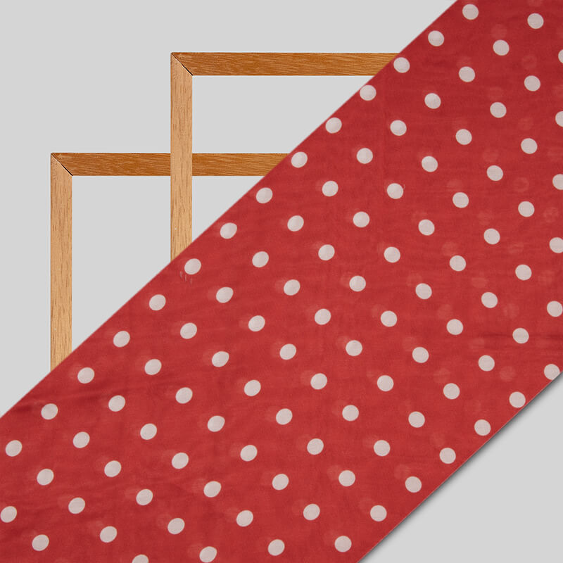 Red And White Polka Pattern Digital Print Viscose Muslin Fabric - Fabcurate