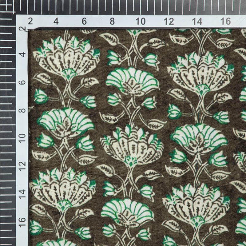 Dark Brown And Green Kalamkari Pattern Digital Print Viscose Rayon Fabric - Fabcurate