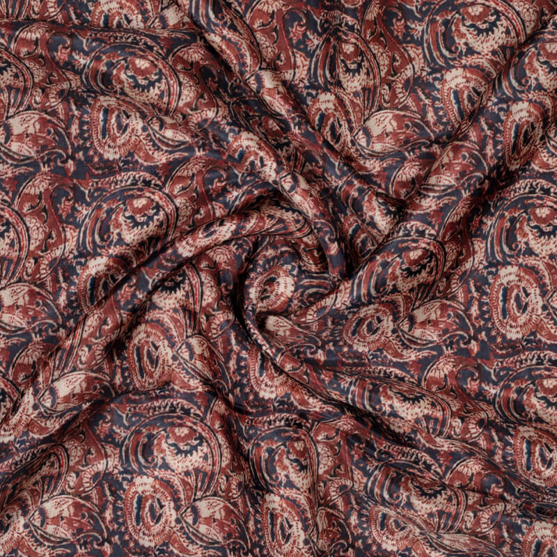 Dark Brown Kalamkrii Pattern Digital Print Viscose Uppada Silk Fabric