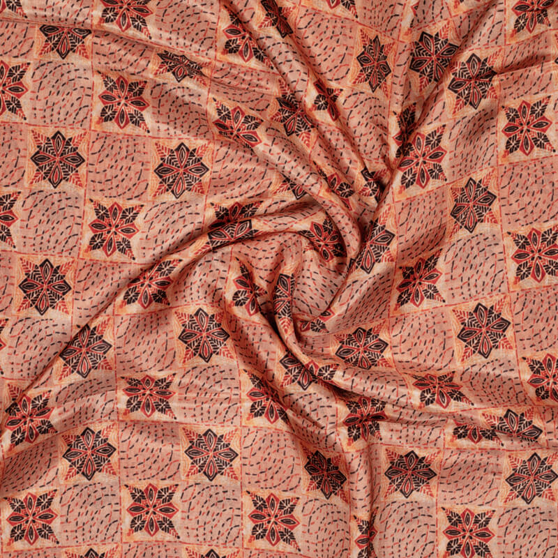 Peach Geometric Pattern Digital Print Viscose Uppada Silk Fabric - Fabcurate