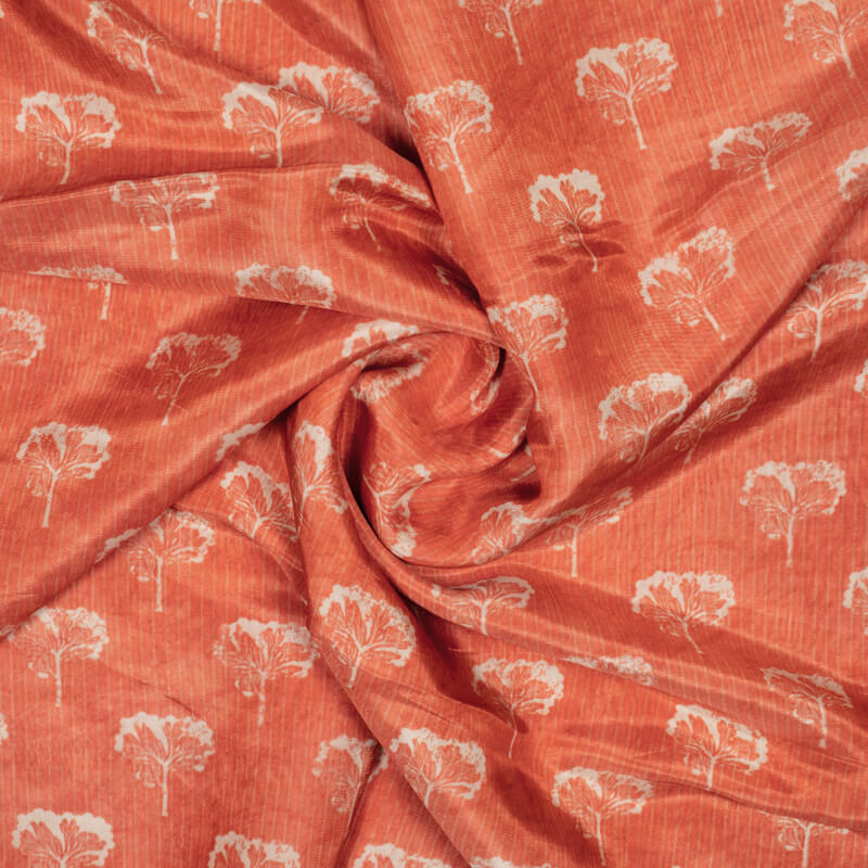 Orange Floral Pattern Digital Print Viscose Uppada Silk Fabric