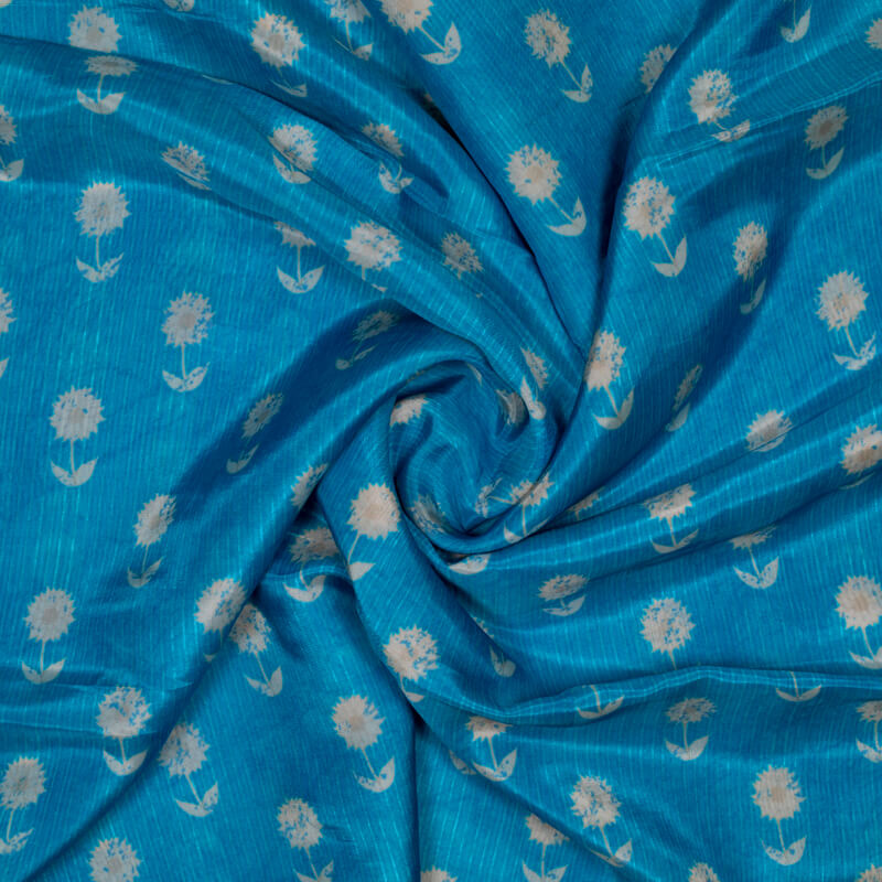 Sky Blue Floral Pattern Digital Print Viscose Uppada Silk Fabric - Fabcurate