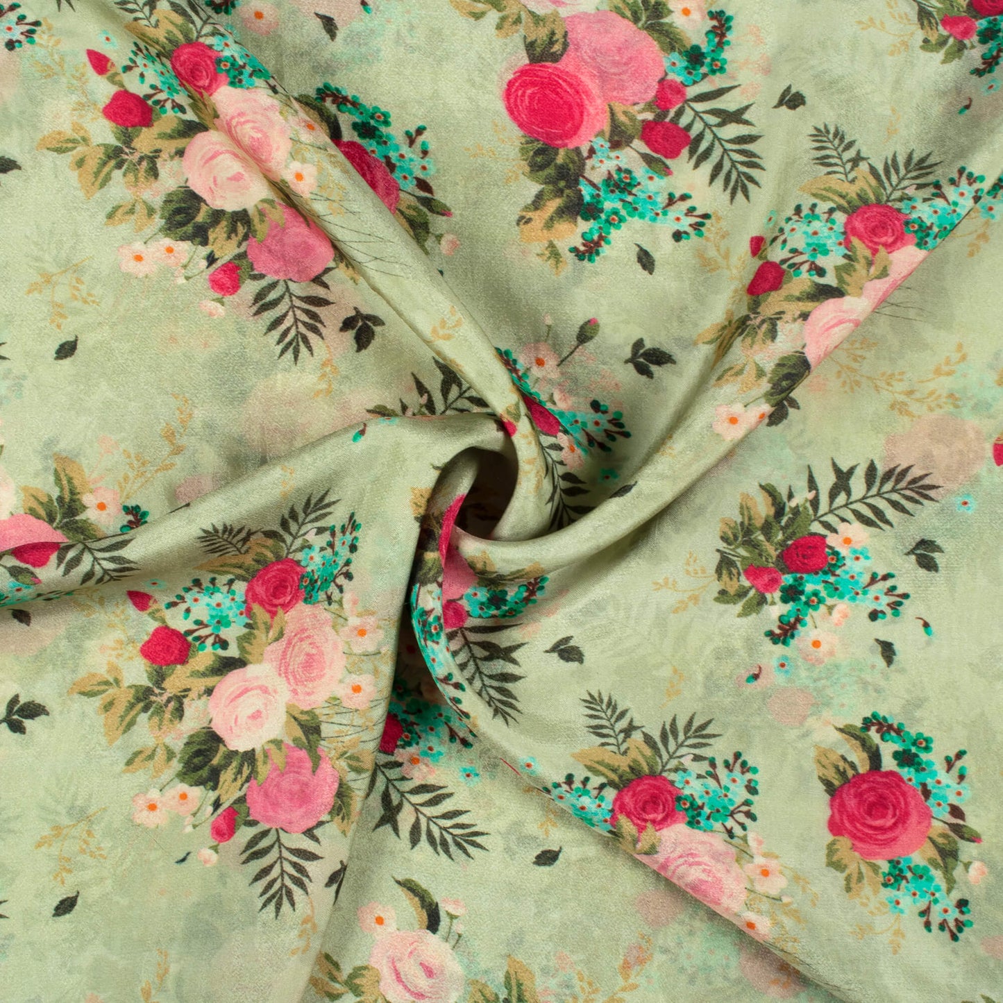 Pastel Green Floral Pattern Digital Print Viscose Uppada Silk Fabric