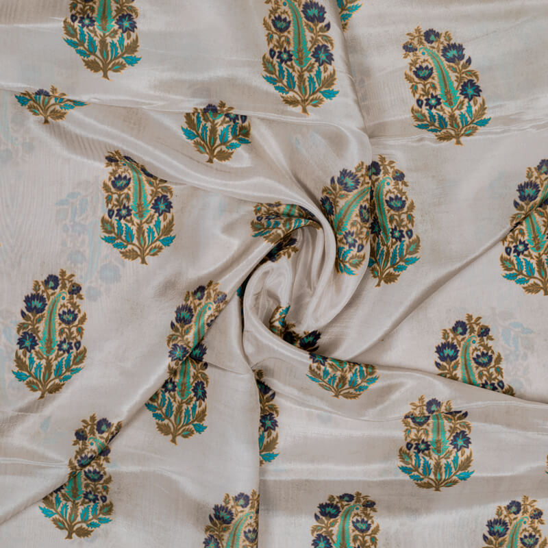 Light Grey Mughal Pattern Digital Print Viscose Uppada Silk Fabric - Fabcurate