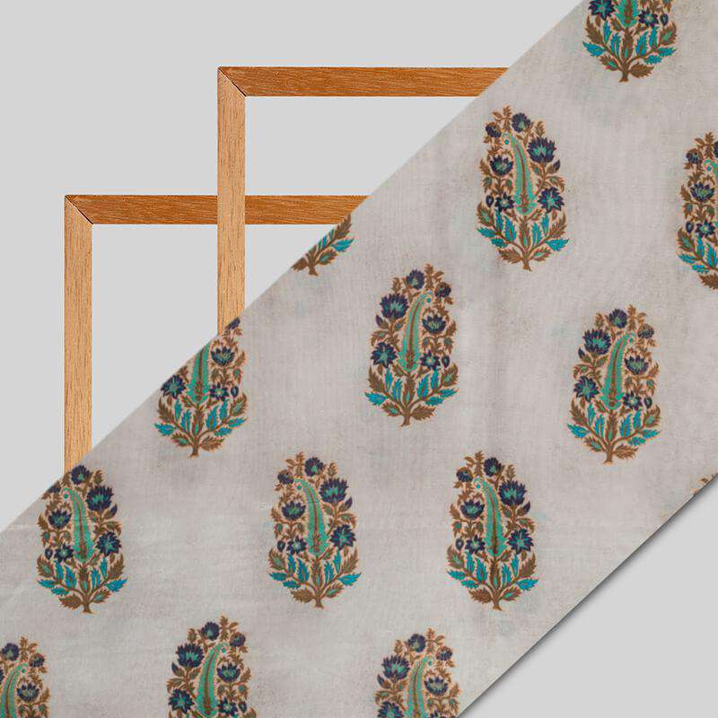 Light Grey Mughal Pattern Digital Print Viscose Uppada Silk Fabric - Fabcurate