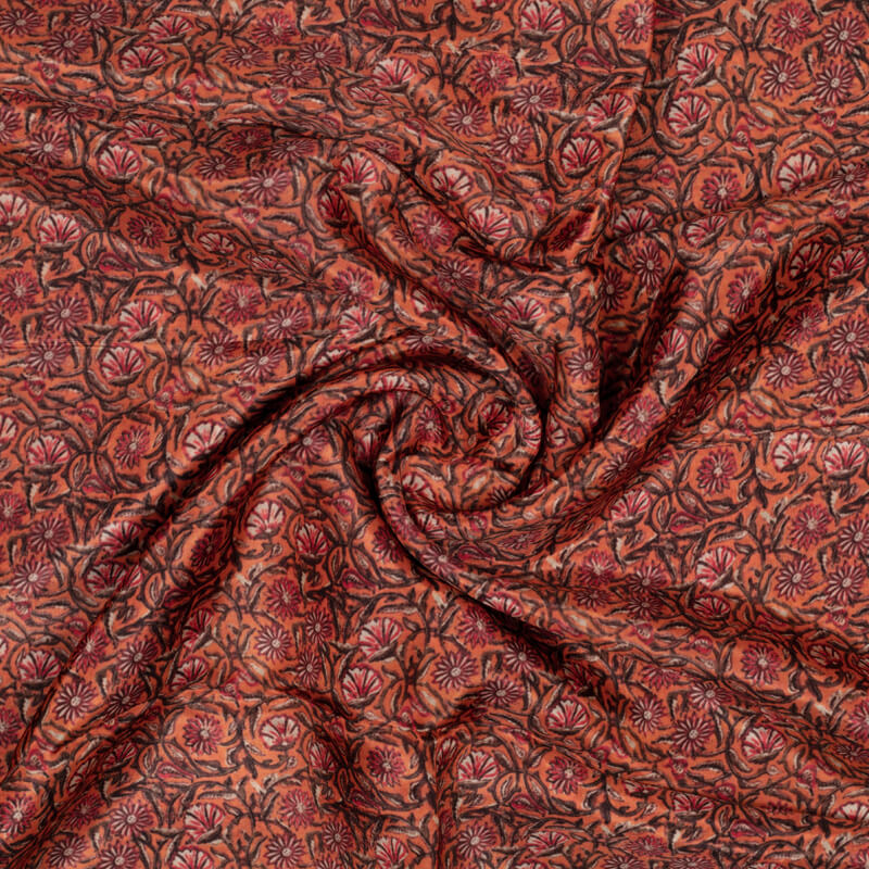 Orange Kalamkari Pattern Digital Print Viscose Uppada Silk Fabric - Fabcurate