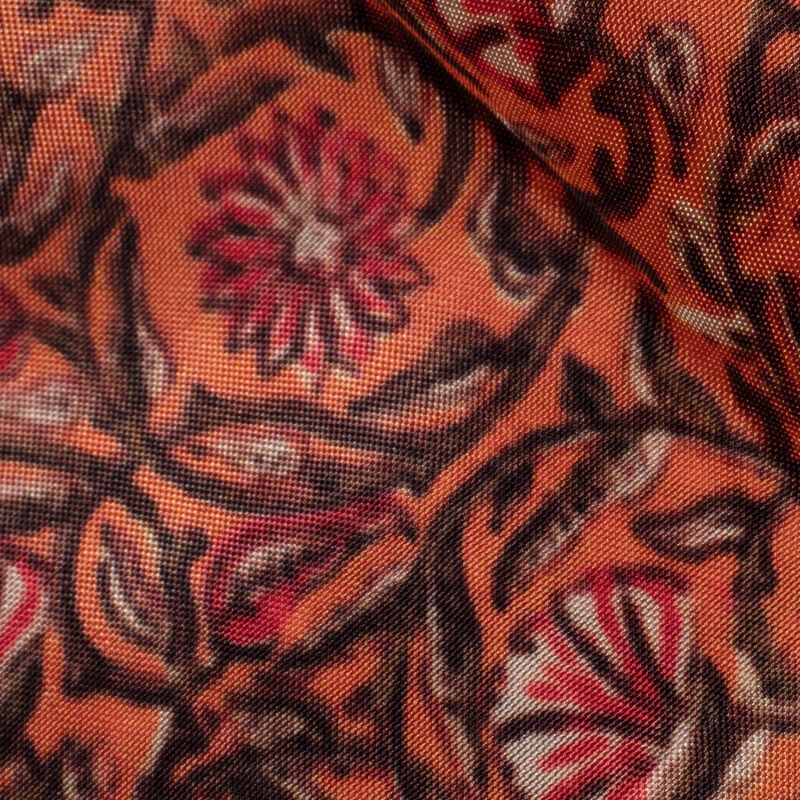 Orange Kalamkari Pattern Digital Print Viscose Uppada Silk Fabric - Fabcurate