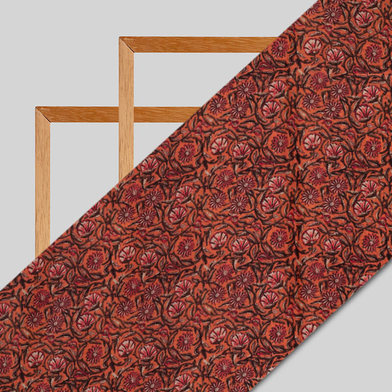 Orange Kalamkari Pattern Digital Print Viscose Uppada Silk Fabric - Fabcurate