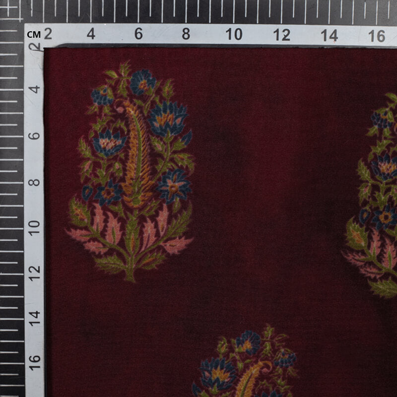 Maroon Mughal Pattern Digital Print Viscose Uppada Silk Fabric - Fabcurate