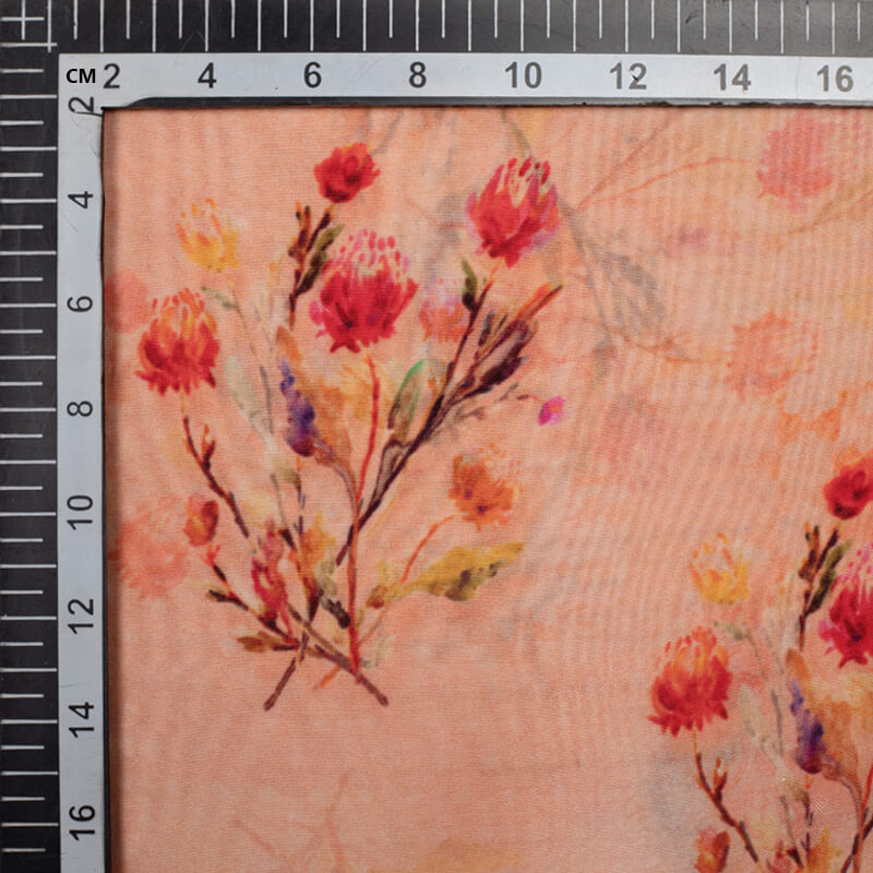 Peach Floral Pattern Digital Print Viscose Uppada Silk Fabric - Fabcurate