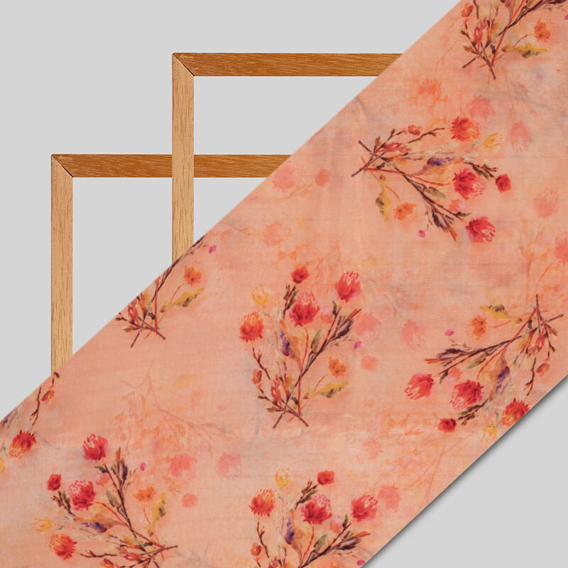 Peach Floral Pattern Digital Print Viscose Uppada Silk Fabric - Fabcurate