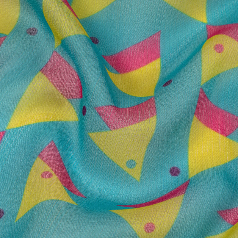 Teal Geometric Pattern Digital Print Chiffon Fabric - Fabcurate