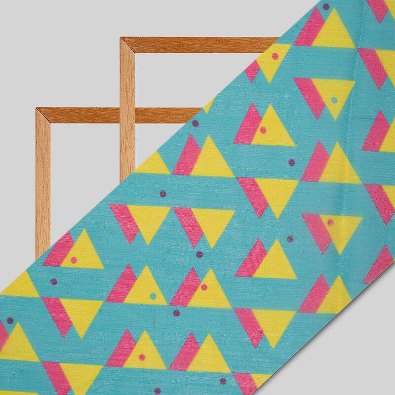 Teal Geometric Pattern Digital Print Chiffon Fabric - Fabcurate