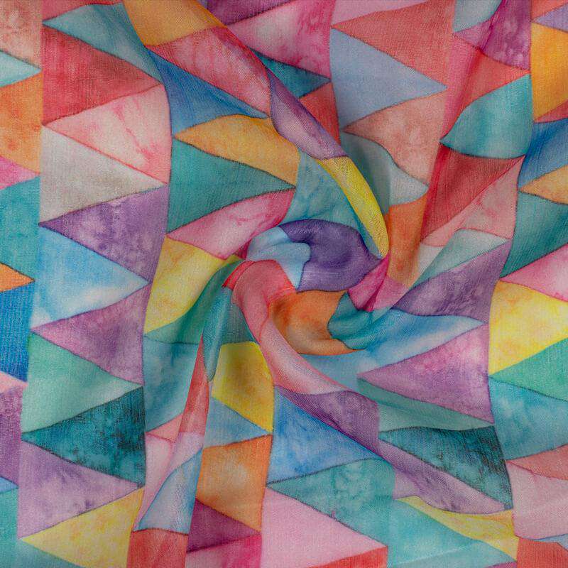 Multicolor Geometric Pattern Digital Print Chiffon Fabric - Fabcurate