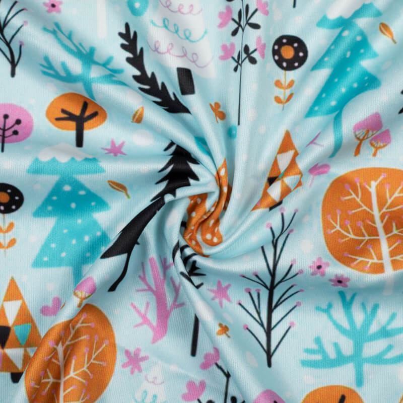 Sky Blue Quirky Pattern Digital Print Lycra Fabric (Width 58 Inches) - Fabcurate