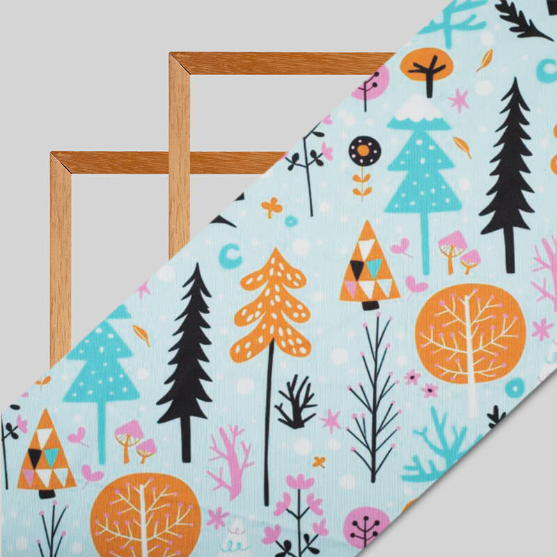 Sky Blue Quirky Pattern Digital Print Lycra Fabric (Width 58 Inches) - Fabcurate