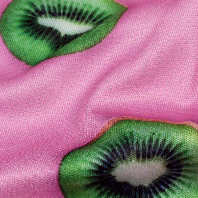 Pink And Green Fruit Pattern Digital Print Lycra Fabric (Width 58 Inches) - Fabcurate