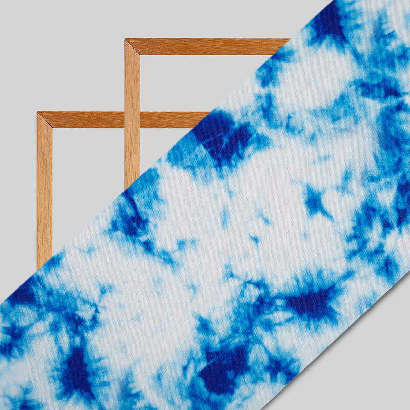 White And Blue Shibori Pattern Digital Print Lycra Fabric (Width 58 Inches) - Fabcurate