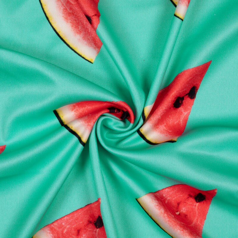 Turquoise And Red Fruit Pattern Digital Print Lycra Fabric (Width 58 Inches) - Fabcurate