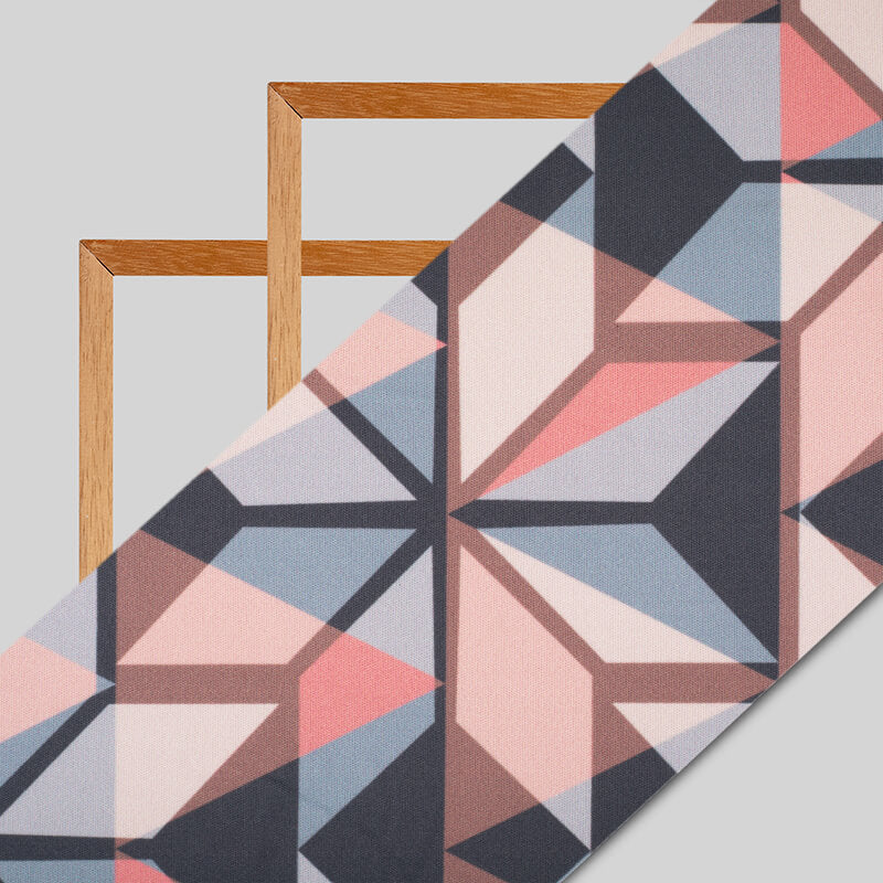 Grey And Peach Geometric Pattern Digital Print Lycra Fabric (Width 58 Inches) - Fabcurate