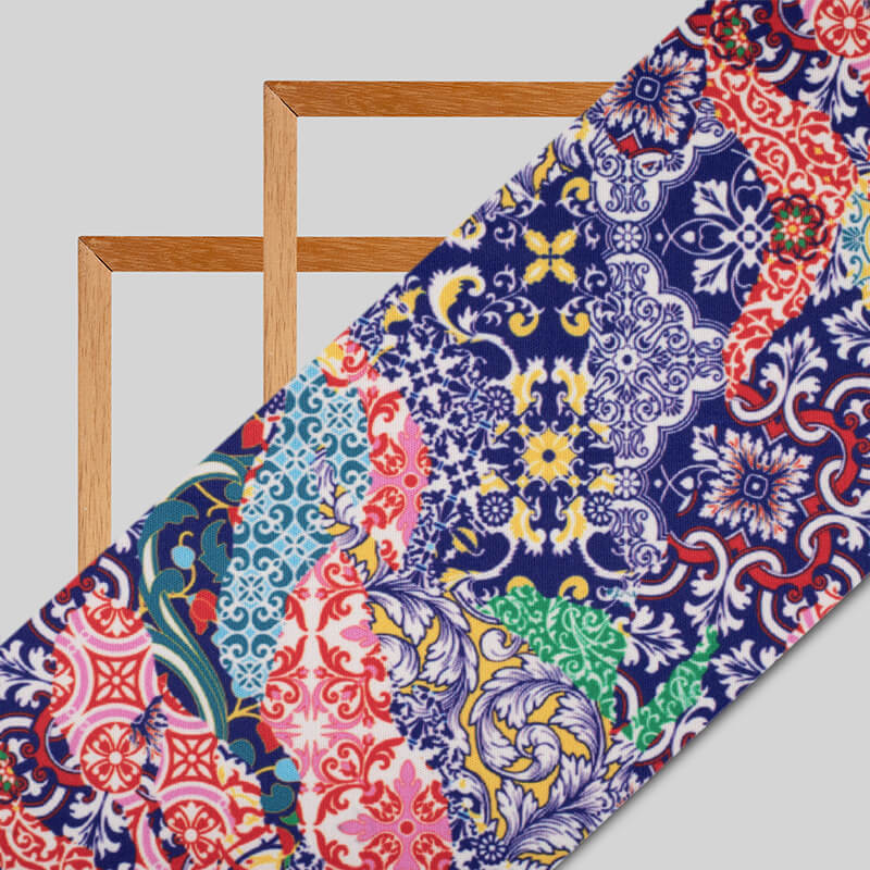 Multi-Color Ethnic Pattern Digital Print Lycra Fabric (Width 58 Inches) - Fabcurate