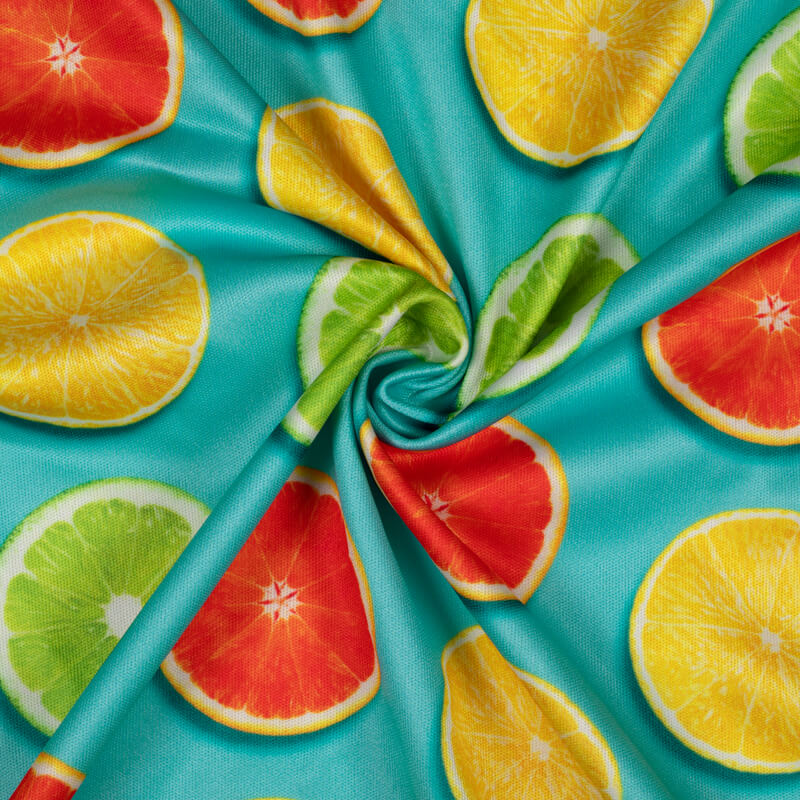 Teal And Yellow Fruite Pattern Digital Print Lycra Fabric (Width 58 Inches) - Fabcurate