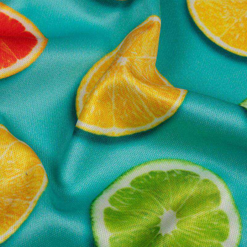 Teal And Yellow Fruite Pattern Digital Print Lycra Fabric (Width 58 Inches) - Fabcurate