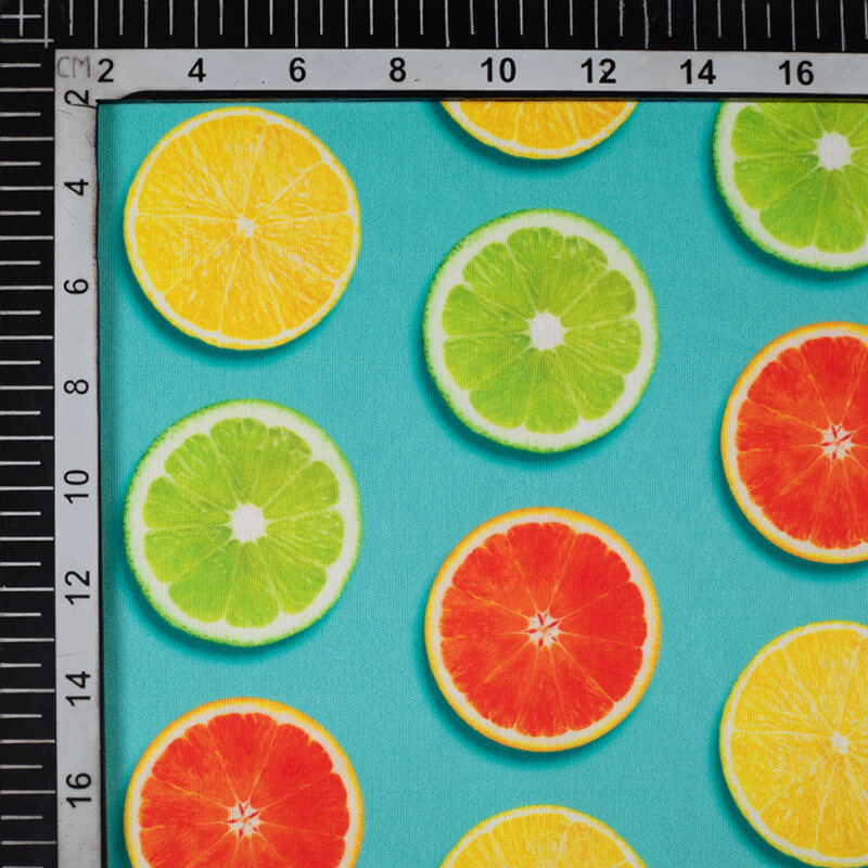 Teal And Yellow Fruite Pattern Digital Print Lycra Fabric (Width 58 Inches) - Fabcurate