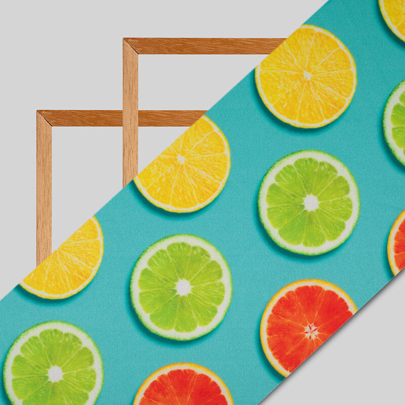 Teal And Yellow Fruite Pattern Digital Print Lycra Fabric (Width 58 Inches) - Fabcurate