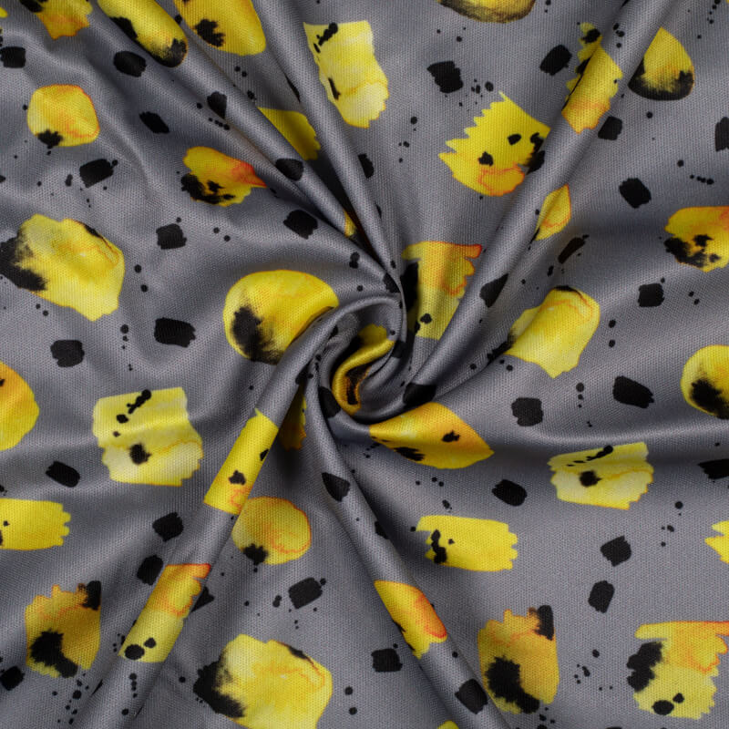 Grey And Yellow Abstract Pattern Digital Print Lycra Fabric (Width 58 Inches) - Fabcurate