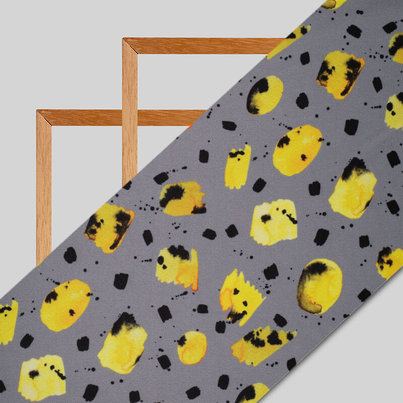 Grey And Yellow Abstract Pattern Digital Print Lycra Fabric (Width 58 Inches) - Fabcurate