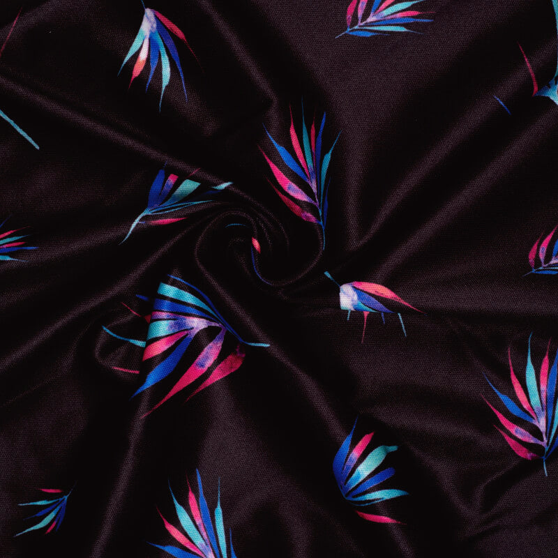 Black Leaf Pattern Digital Print Lycra Fabric (Width 58 Inches) - Fabcurate