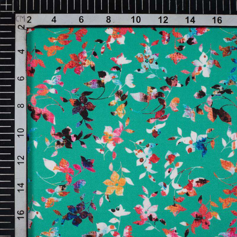 Teal Floral Pattern Digital Print Lycra Fabric (Width 58 Inches) - Fabcurate