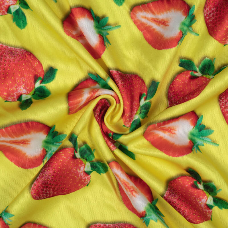 Red And Yellow Fruit Pattern Digital Print Lycra Fabric (Width 58 Inches) - Fabcurate