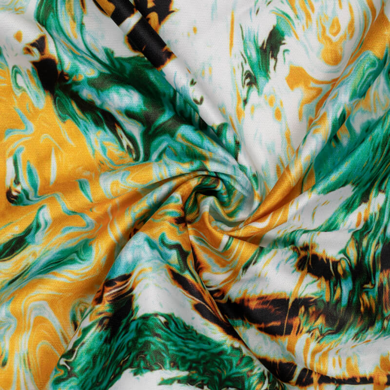 Orange And Teal Abstract Pattern Digital Print Lycra Fabric (Width 58 Inches) - Fabcurate