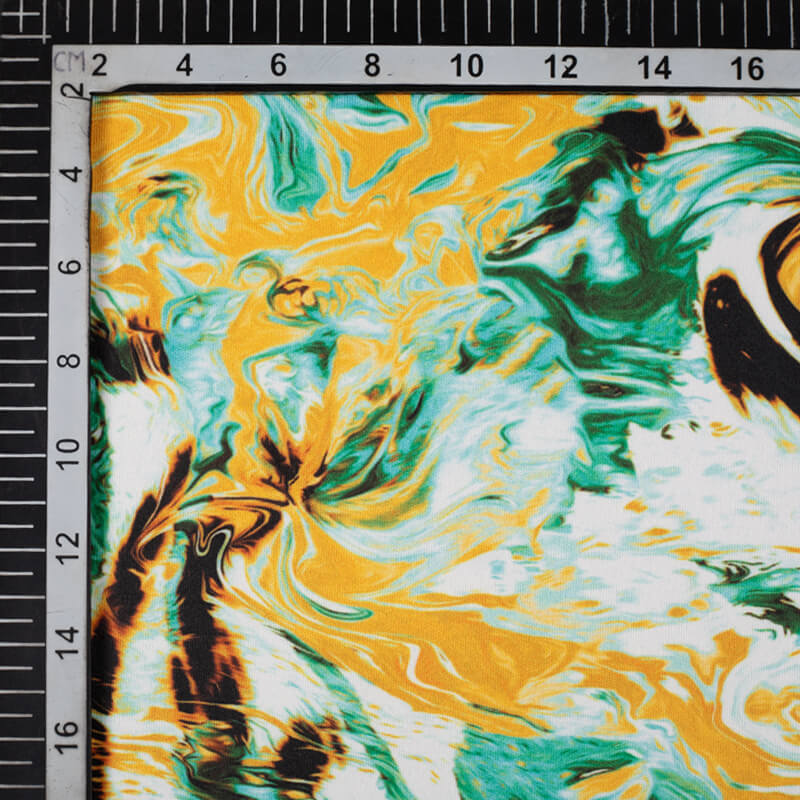 Orange And Teal Abstract Pattern Digital Print Lycra Fabric (Width 58 Inches) - Fabcurate