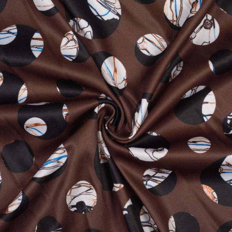 Dark Brown And White Polka Dots Pattern Digital Print Lycra Fabric (Width 58 Inches) - Fabcurate