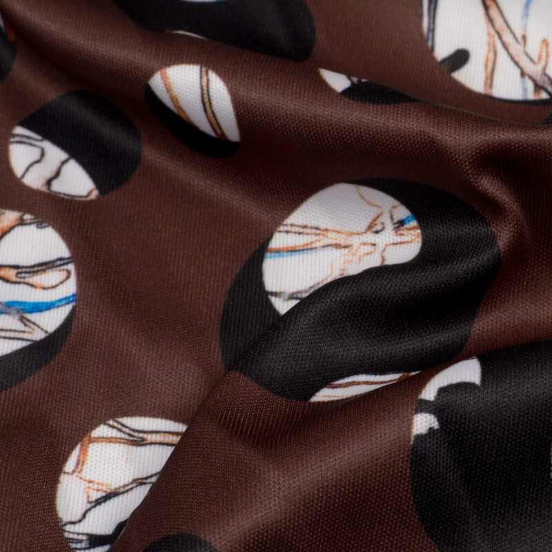 Dark Brown And White Polka Dots Pattern Digital Print Lycra Fabric (Width 58 Inches) - Fabcurate