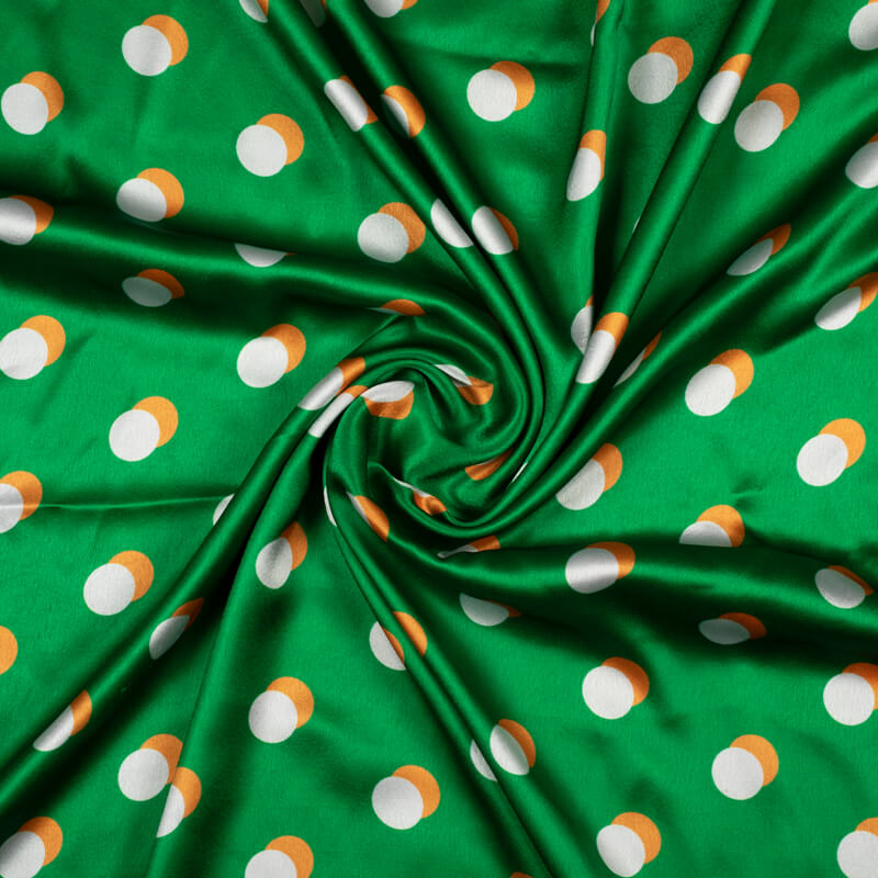 Tricolor Polka Pattern Digital Print Japan Satin Fabric - Fabcurate