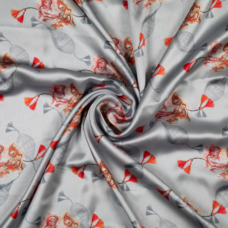 Light Grey Rakhi Pattern Digital Print Japan Satin Fabric - Fabcurate